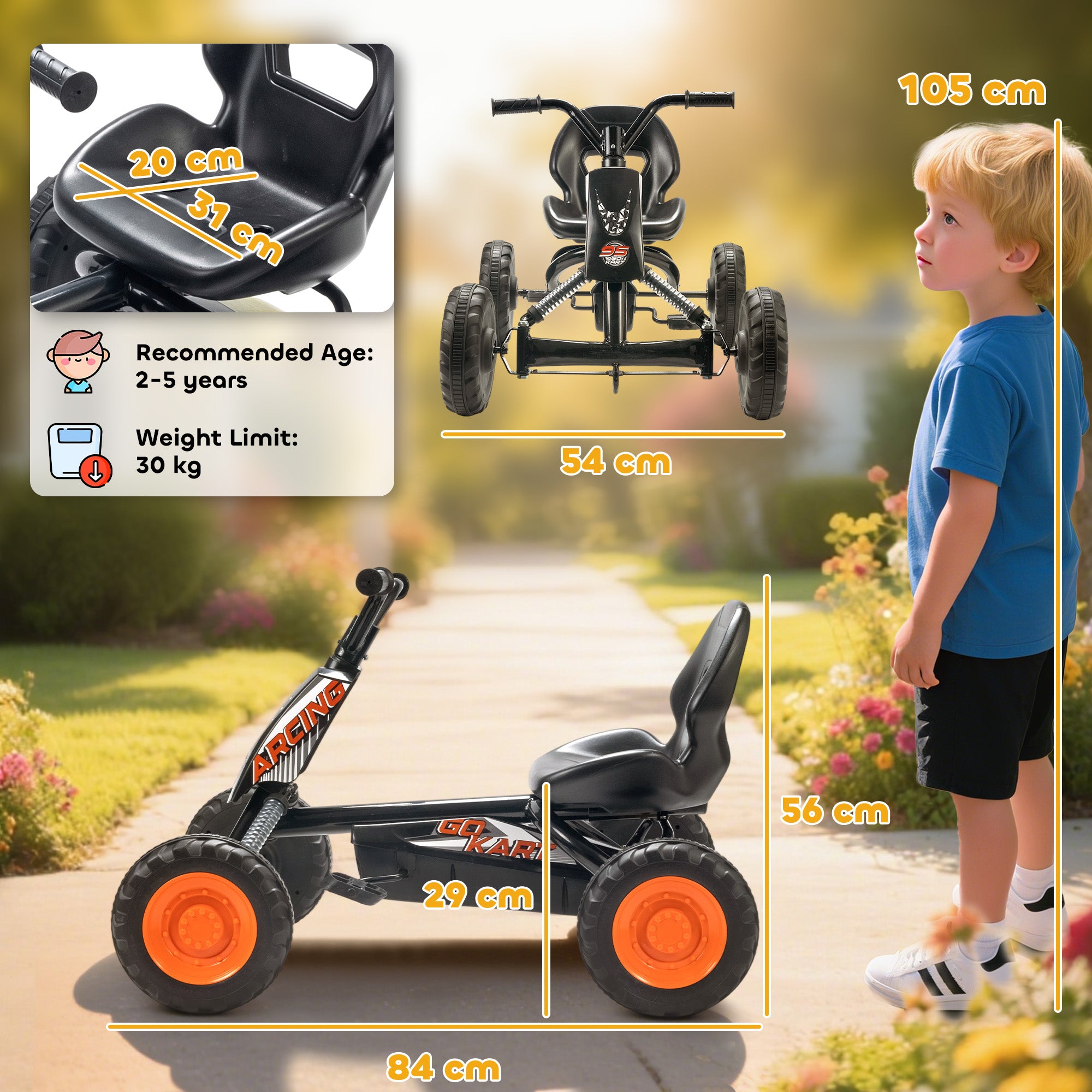 AIYAPLAY Kids Pedal Go Kart with Steel Frame, Sporty Design, for Ages 2-5 Years, Black 