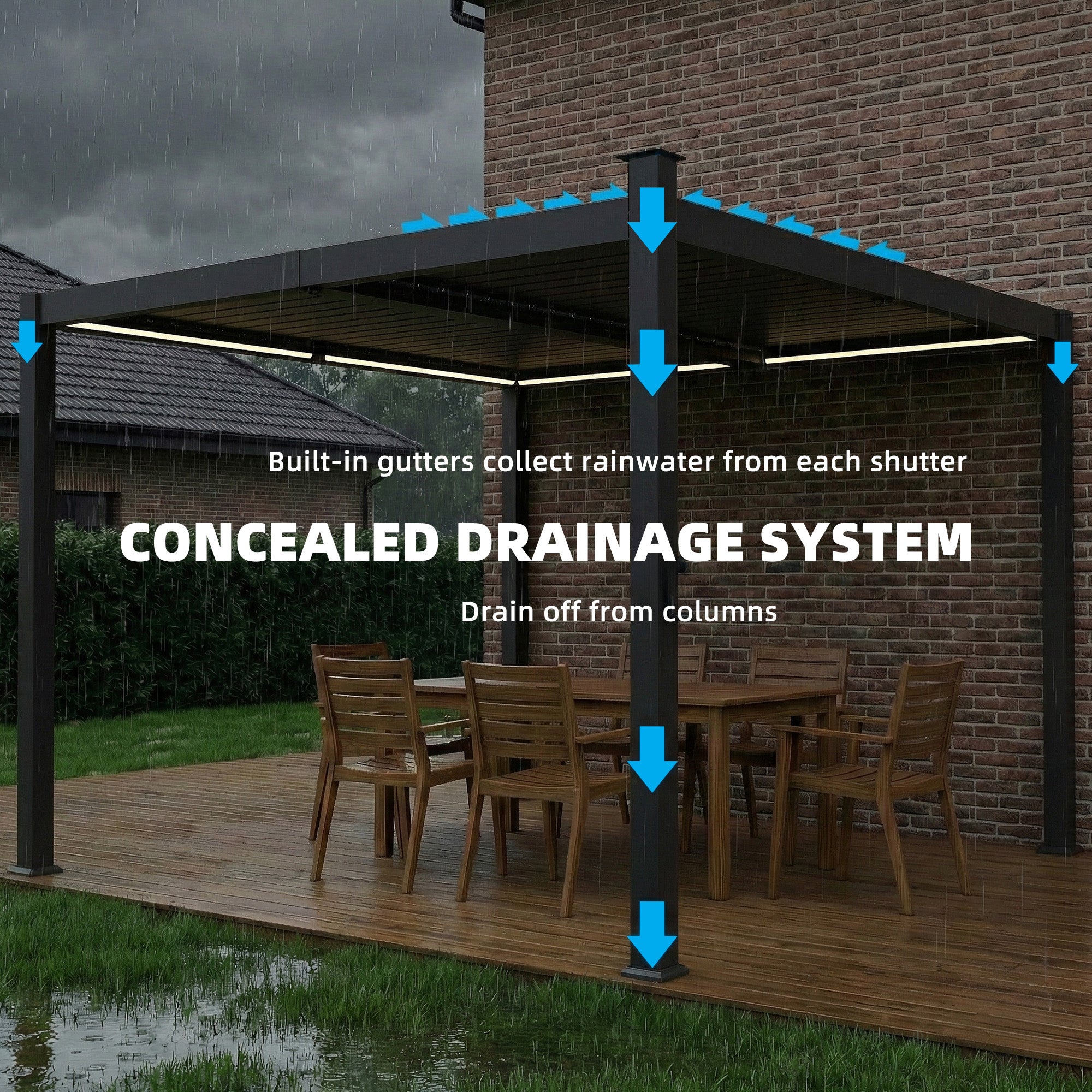 Outsunny 3 x 3 m Louvered Pergola with Solar LED lights, Metal Roof, Patio Gazebo Pergola Canopy with Drainage Gutters, Black 