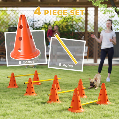PawHut Dog Agility Equipment Set of Eight Cones, Eight Poles w/ Carry Bag, Four-Piece Adjustable Height Jumping Obstacles 