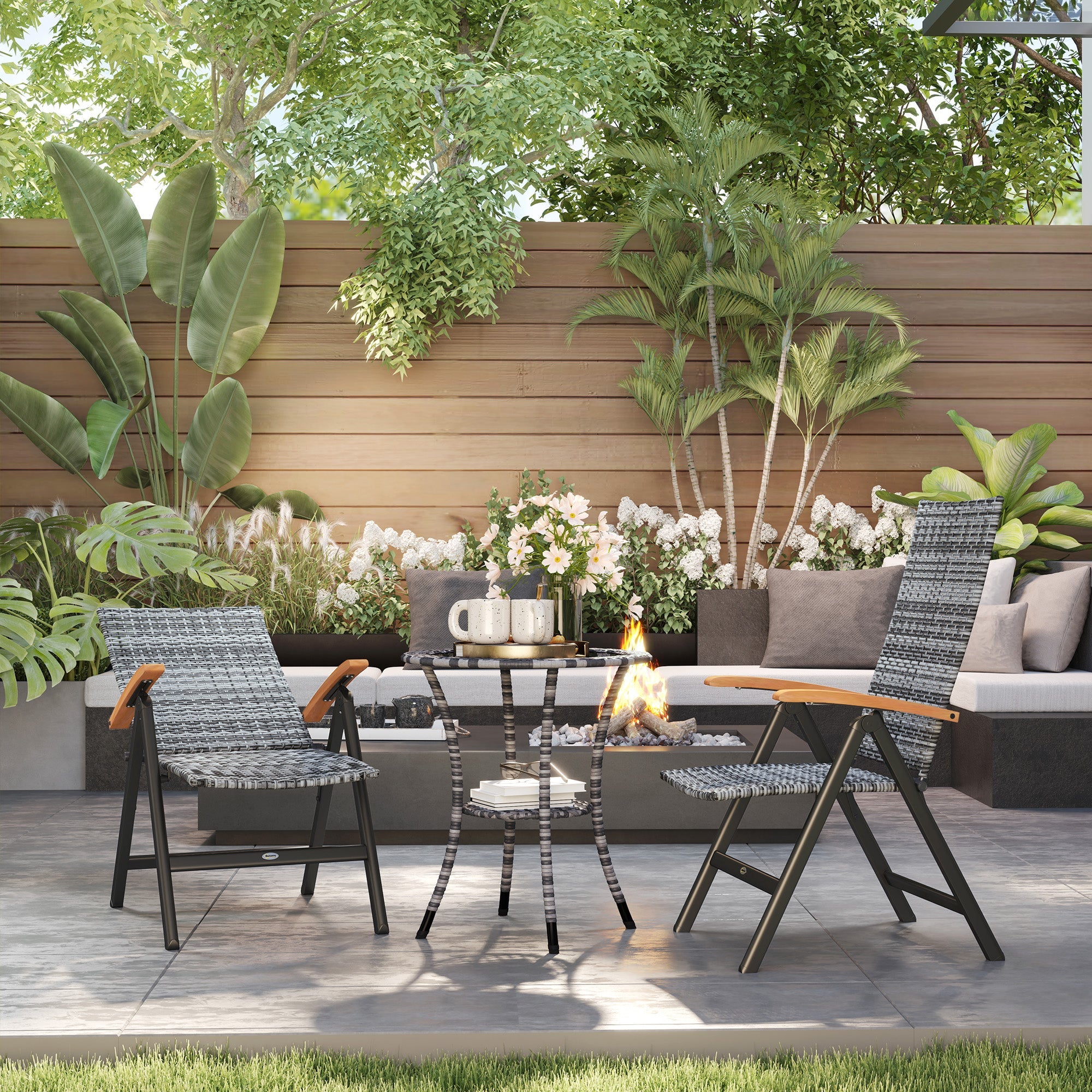 Outsunny 2 Pieces Outdoor Foldable Dining Chair with Armrests, High Backrest, for Garden, Camping, Balcony, Light Grey 
