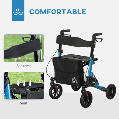 HOMCOM Folding Rollator Walker with Seat, Backrest, Lightweight Walking Frame with Storage Bag, Dual Brakes, Adjustable Handle Height, Suspension System, 4 Wheeled Walker for Seniors, Blue 