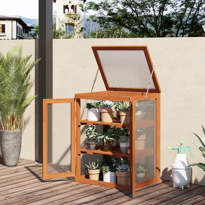Outsunny 3-tier Wood Greenhouse Garden Polycarbonate Cold Frame Balcony Grow House w/ Storage Shelf for Plants, Flowers, Orange 
