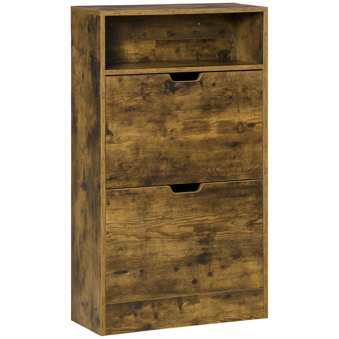 HOMCOM Shoe Cabinet with 2 Flip Doors, Slim 2-Drawer Shoe Cupboard with Adjustable Divider and Open Compartment for 12 Pairs of Shoes, Entryway Storage Unit, Rustic Brown 