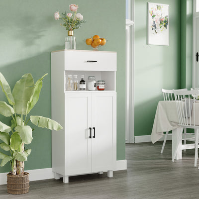HOMCOM Freestanding Kitchen Cupboard, Nordic Storage Cabinet with Drawer, Doors and Open Countertop for Living & Dining Room, 130cm, White 