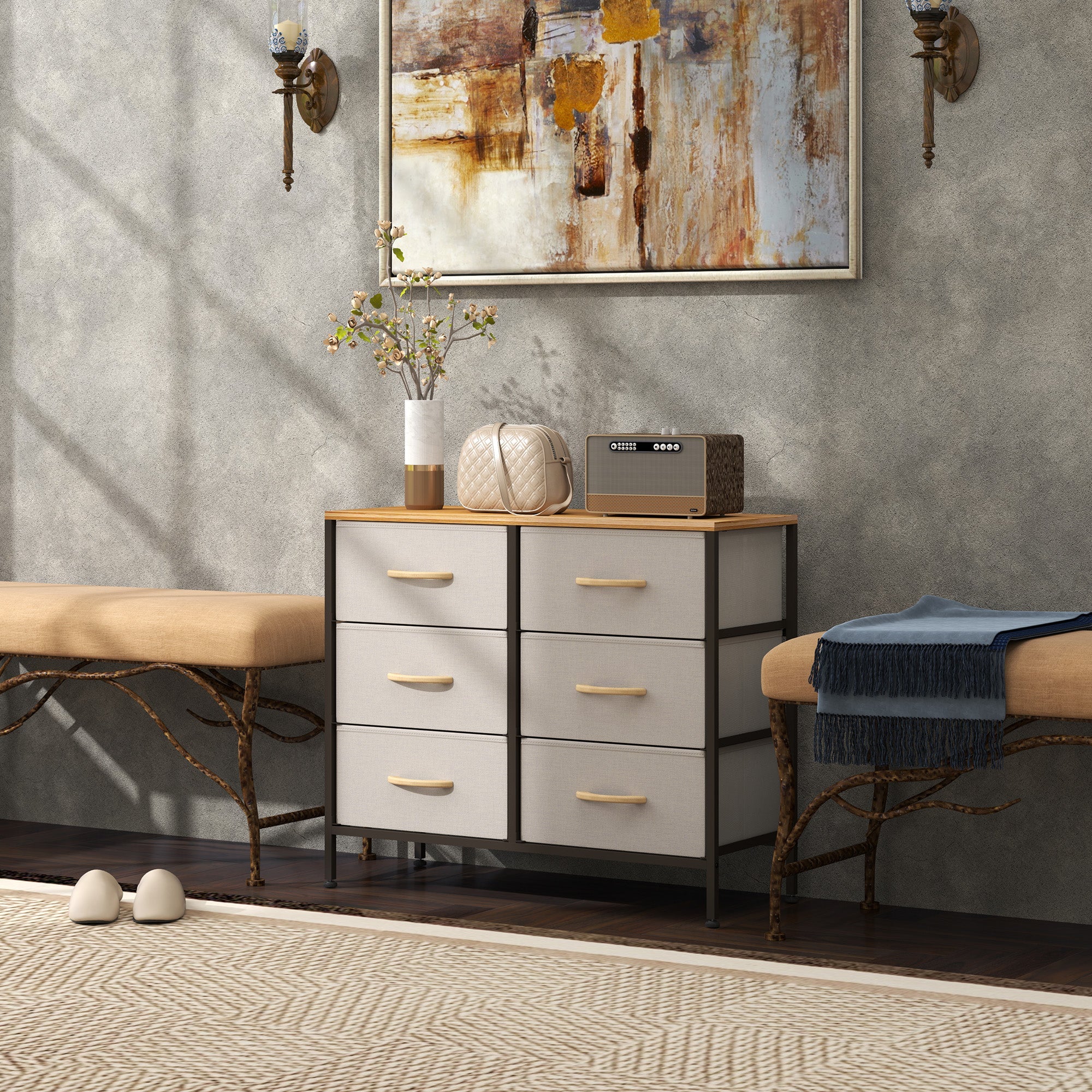 HOMCOM Fabric Chest of Drawers, Storage Drawers, Industrial Bedroom Dresser with 6 Fabric Drawers, Steel Frame and Wooden Top for Nursery, Living Room, Hallway, Cream White 
