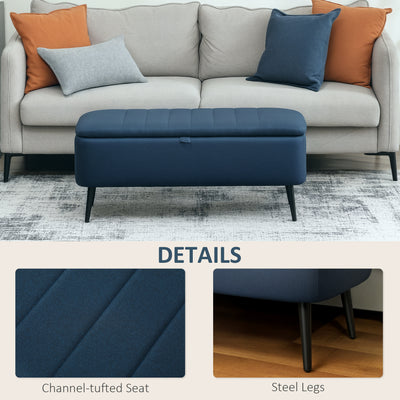 HOMCOM 92 x 31cm Linen-Look Storage Ottoman - Dark Blue 