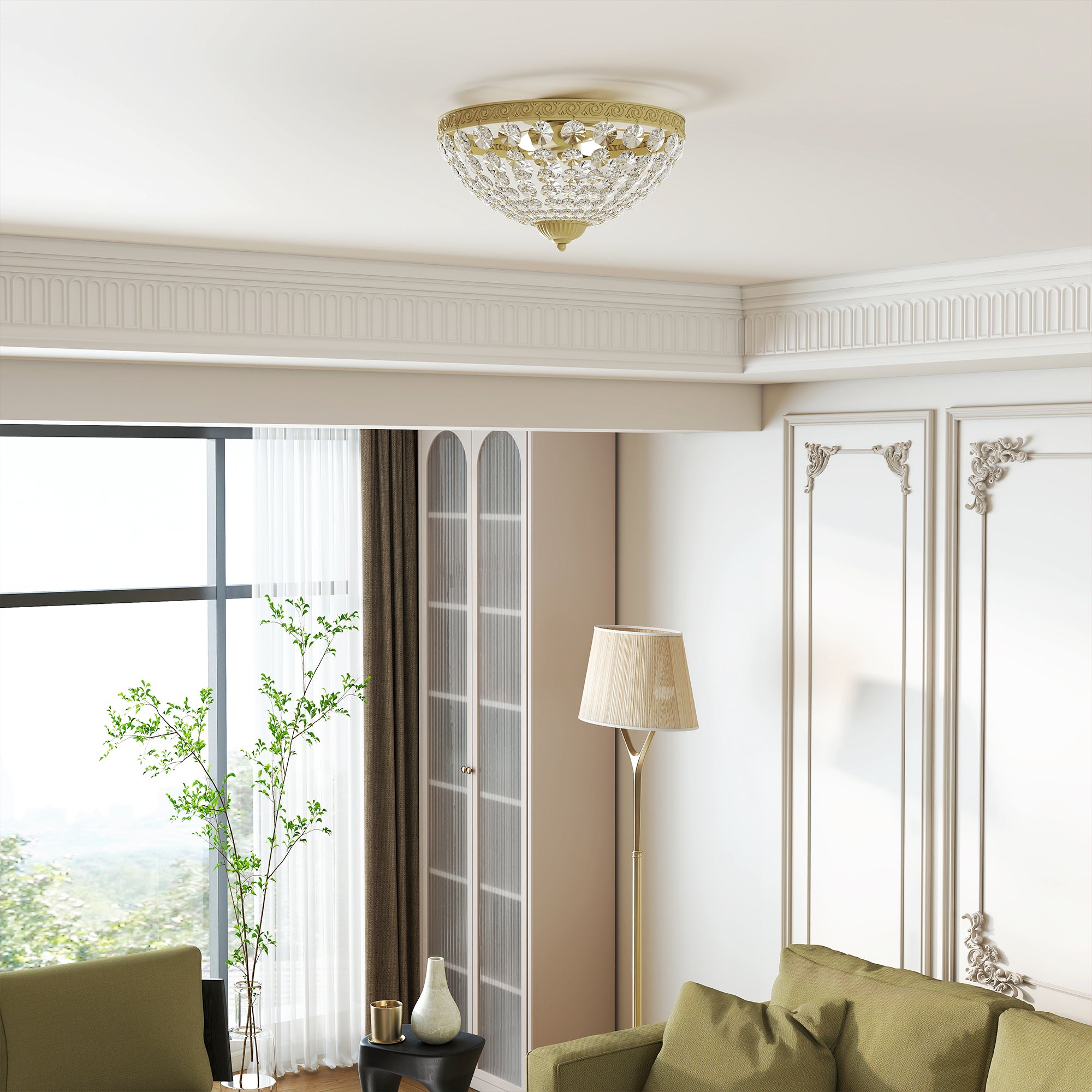 HOMCOM Crystal Chandelier Ceiling Light with 168 Octagonal Beads, Vintage 2-Light Flush Mount Ceiling Light for Living Room, Bedroom, Hallway, Dining Room, Gold Tone 