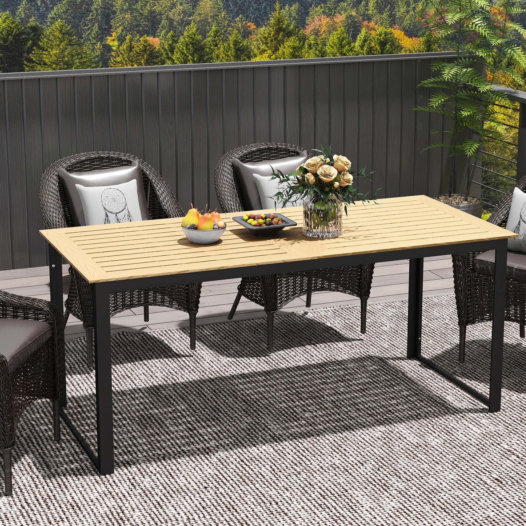 Outsunny Garden Dining Table, 175 x 78 x 75 cm Rectangle Outdoor Table for 6 People with Slatted Table Top, Metal Frame, for Balcony, Deck, Teak 