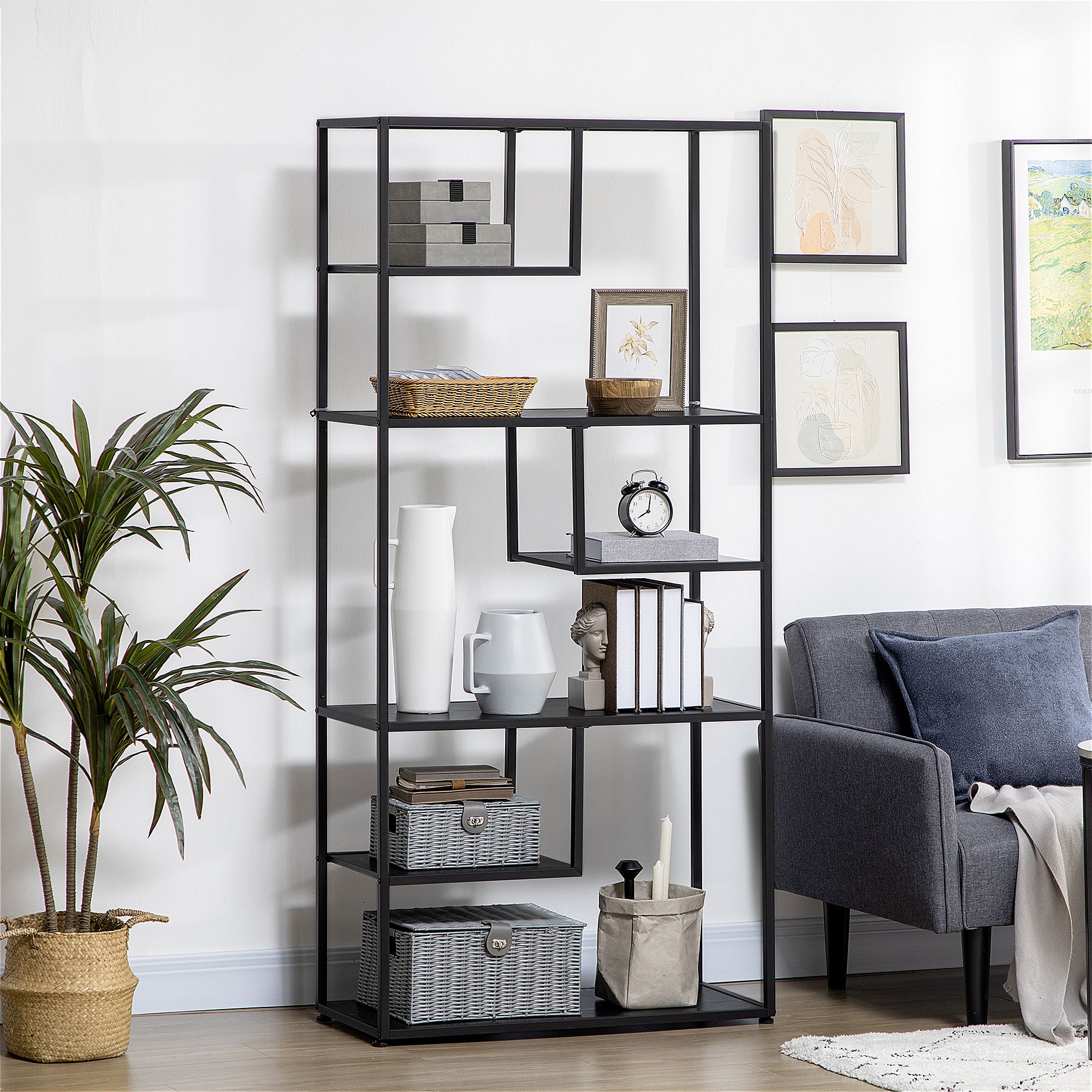 HOMCOM Industrial Accent Display Rack 7 Tier Bookcase, Display Rack for Living Room, Office, Bedroom, Black 