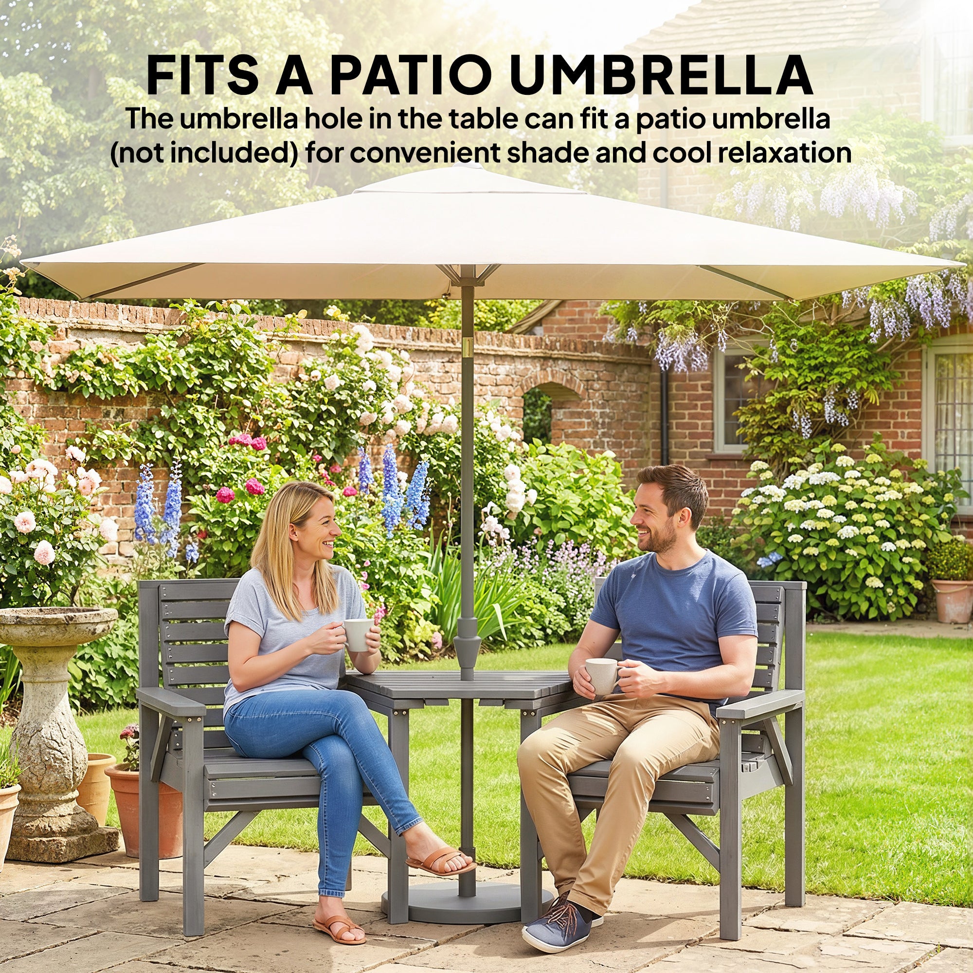 Outsunny Wooden Garden Bistro Set, 2 Seater Wooden Outdoor Table and Chairs with Parasol Hole for Patio, Light Grey 