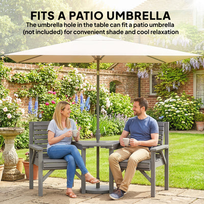 Outsunny Wooden Garden Bistro Set, 2 Seater Wooden Outdoor Table and Chairs with Parasol Hole for Patio, Light Grey 