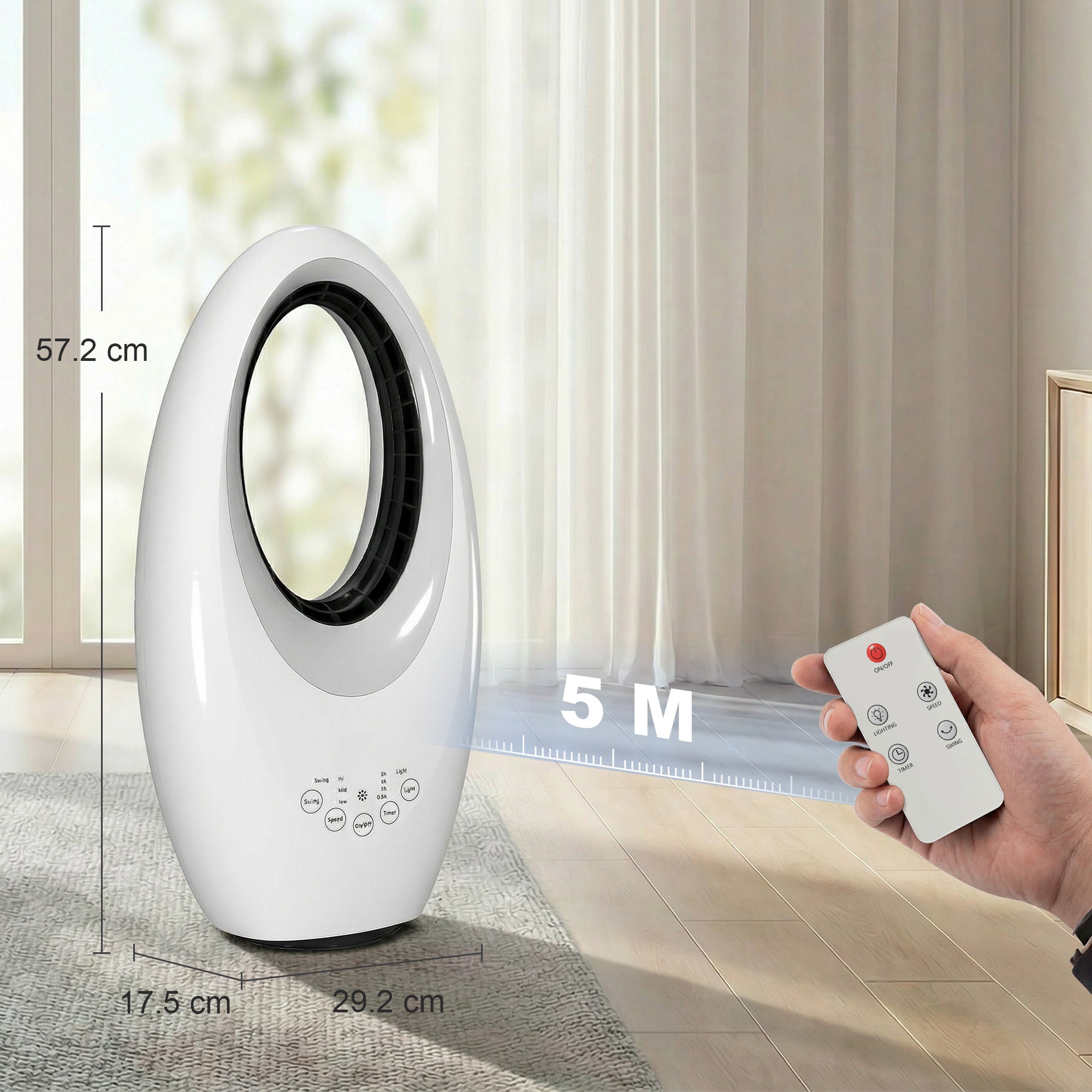 HOMCOM Bladeless Tower Fan, 36dB Standing Cooling Fan with 60° Oscillating, LED Lights, 3 Speeds, 7.5H Timer, Remote Control 