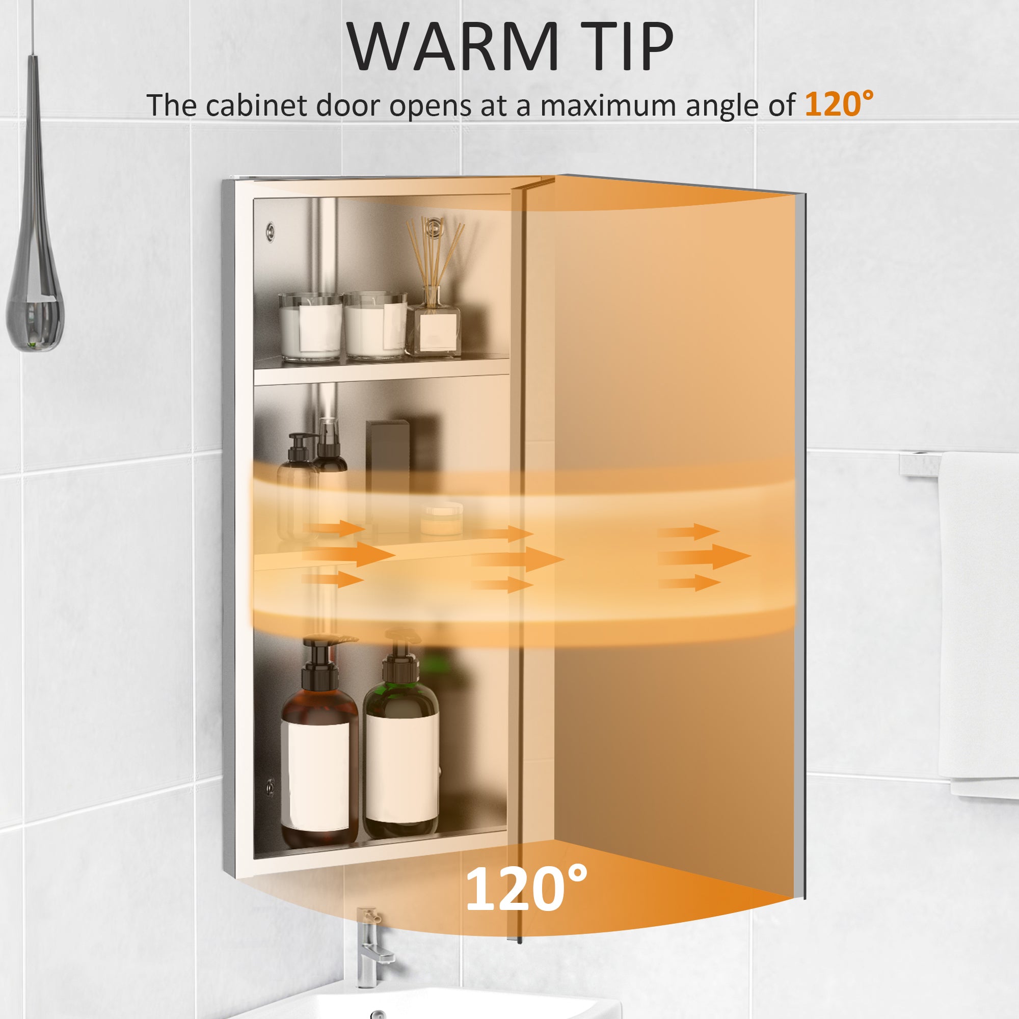 HOMCOM Stainless Steel Wall mounted Bathroom Corner Mirror Storage Cabinet Single Door 300mm (W) 