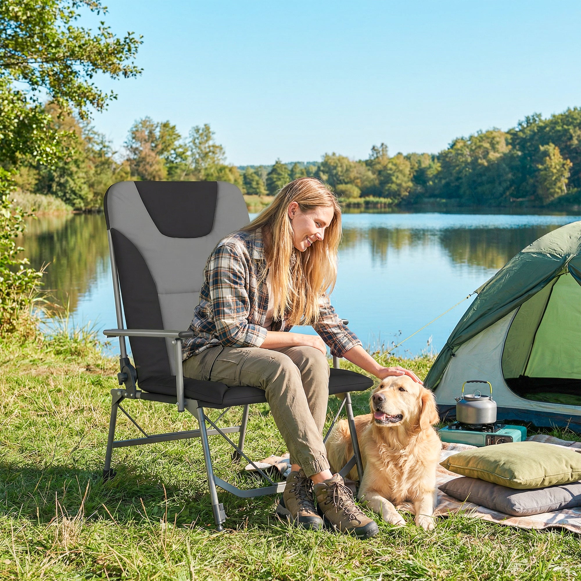 Outsunny Camping Chair Padded Reclining Folding Chair with Wide Armrests for Adults Black 