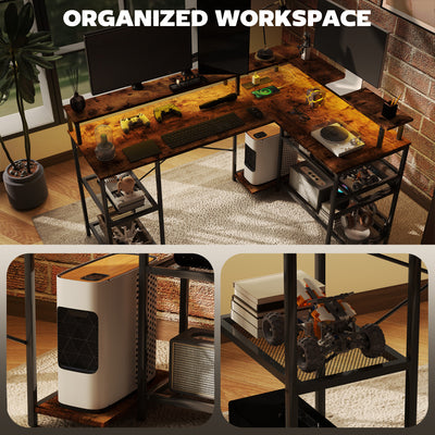 HOMCOM L Shaped Gaming Desk with LED Lights and Power Outlets, 150cm Corner Computer Desk with Monitor Stand and Storage Shelves, Home Office Desk for Small Space, Rustic Brown 