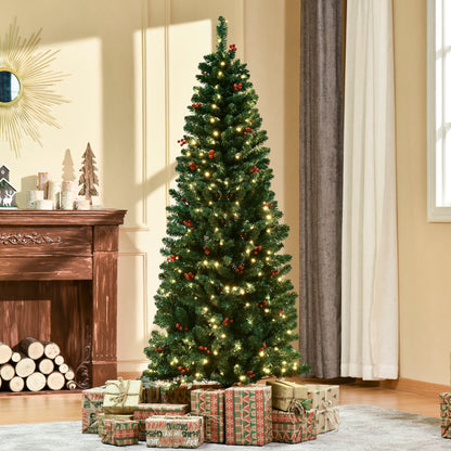 HOMCOM 6FT Prelit Artificial Pencil Christmas Tree with Warm White LED Light, Red Berry, Holiday Home Xmas Decoration, Green 