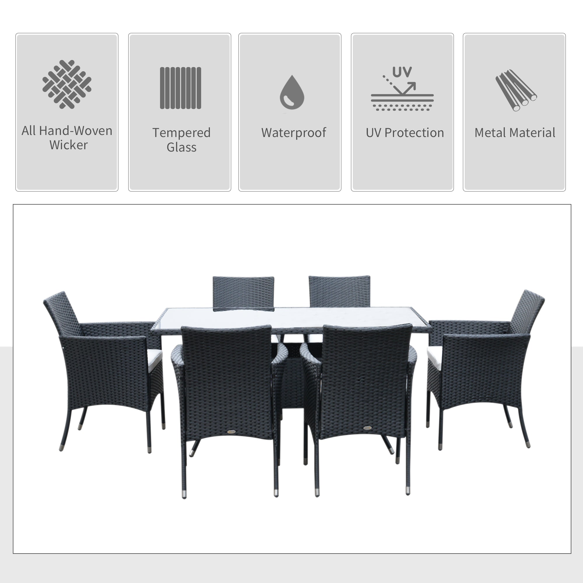 Outsunny 6 Seater Rattan Dining Set with Cushions, Rattan Garden Furniture Set with 6 Armchairs, Rectangular Glass Top Table, Outdoor Dining Table and Chairs, Black 