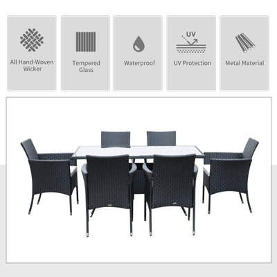Outsunny 6 Seater Rattan Dining Set with Cushions, Rattan Garden Furniture Set with 6 Armchairs, Rectangular Glass Top Table, Outdoor Dining Table and Chairs, Black 