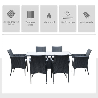 Outsunny 6 Seater Rattan Dining Set with Cushions, Rattan Garden Furniture Set with 6 Armchairs, Rectangular Glass Top Table, Outdoor Dining Table and Chairs, Black 