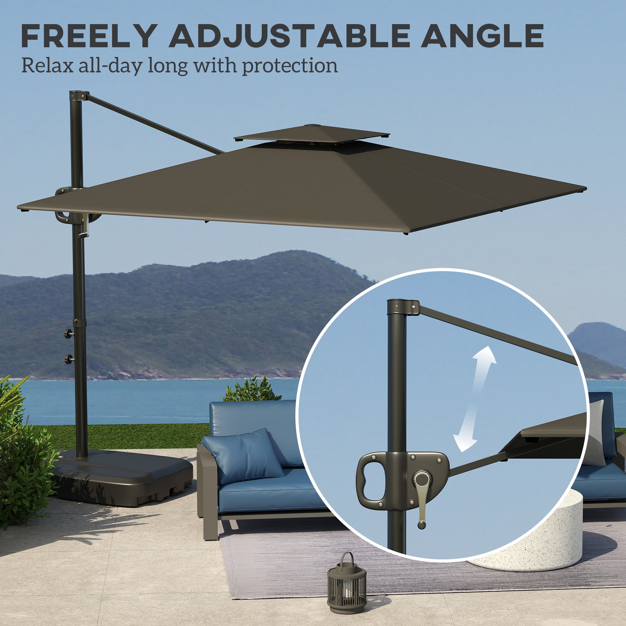 Outsunny Cantilever Parasol with Weighted Base Double Top Garden Parasol Square Hanging Patio Umbrella with Crank Tilt Dark Grey 