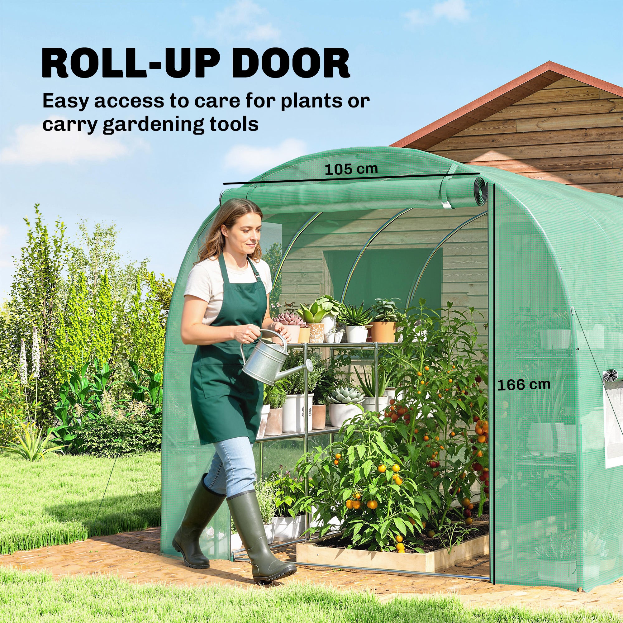 Outsunny Walk-in Greenhouse with Shelves, Polytunnel Greenhouse with Roll-Up Door, 6 Mesh Windows,198 x 275 x 191 cm, Green 