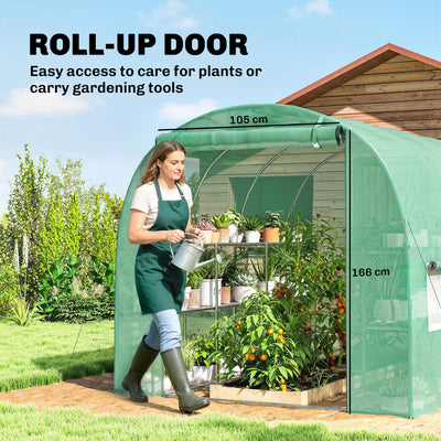 Outsunny Walk-in Greenhouse with Shelves, Polytunnel Greenhouse with Roll-Up Door, 6 Mesh Windows,198 x 275 x 191 cm, Green 