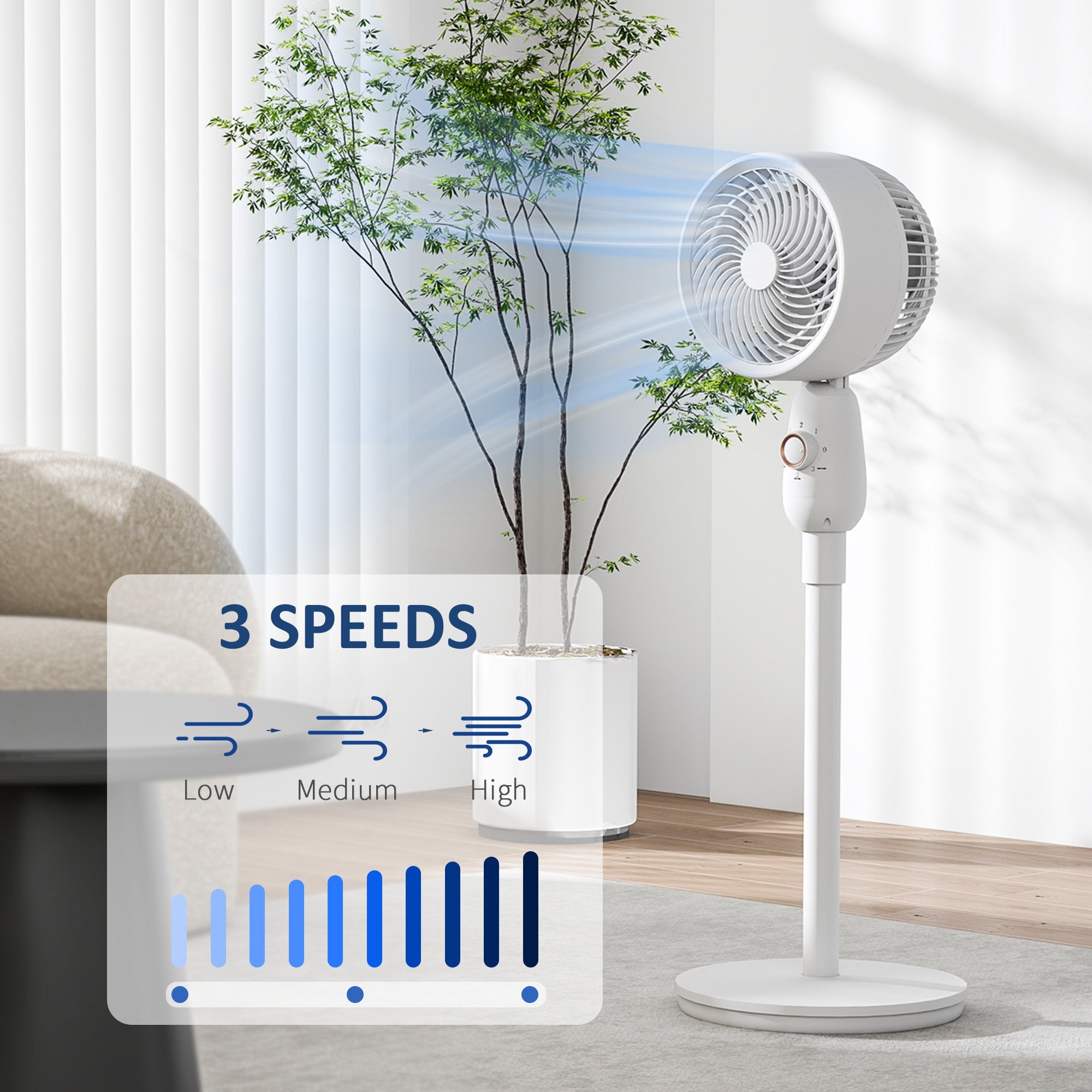 HOMCOM Pedestal Fan, Powerful Air Circulator, 12 Inch Floor Standing Fan with 3 Speed Settings, Oscillating Function for Bedroom, Home and Office, White 
