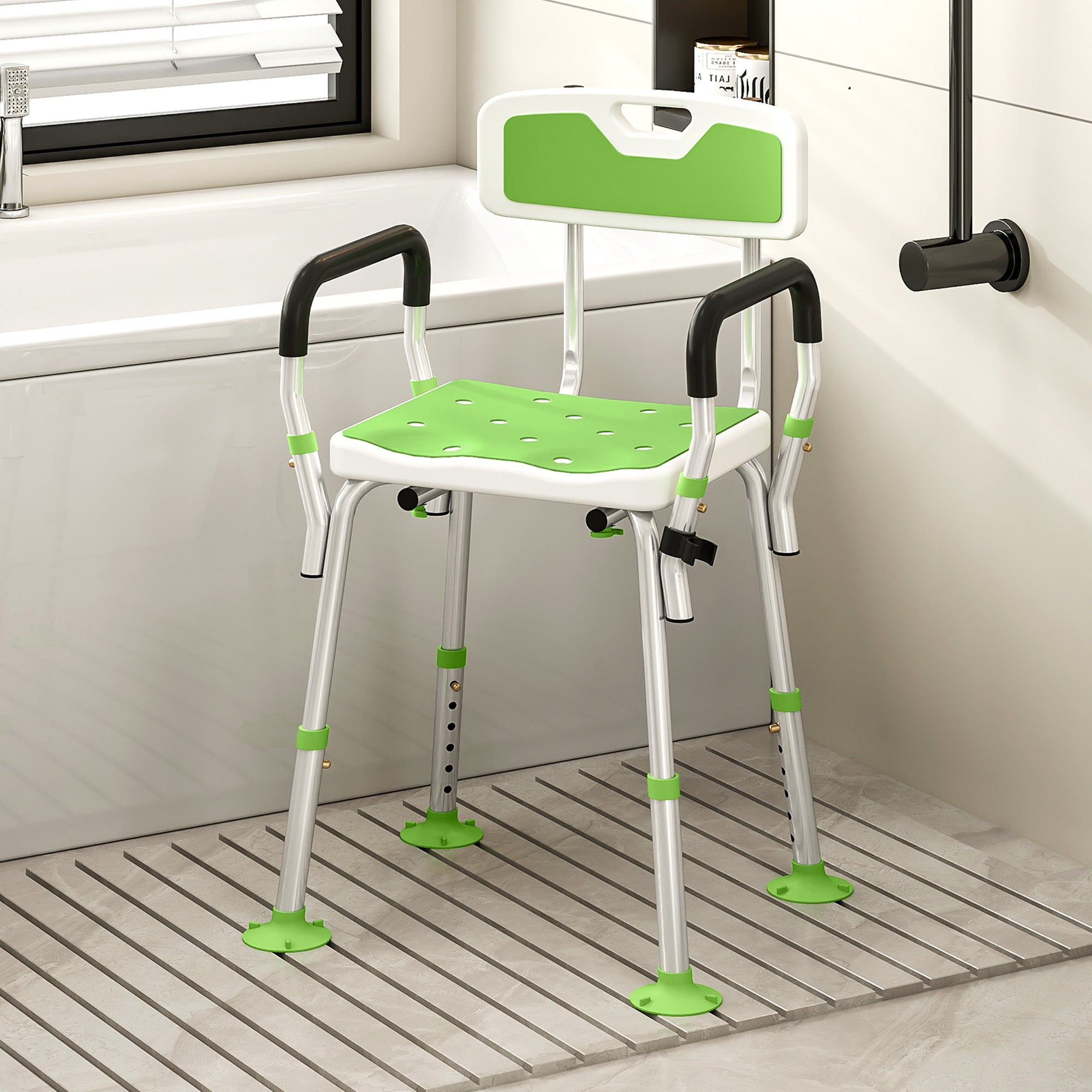 HOMCOM EVA Padded Shower Chair for the Elderly and Disabled, Height Adjustable Shower Stool with Back and Arms, 4 Suction Foot Pads, Green 