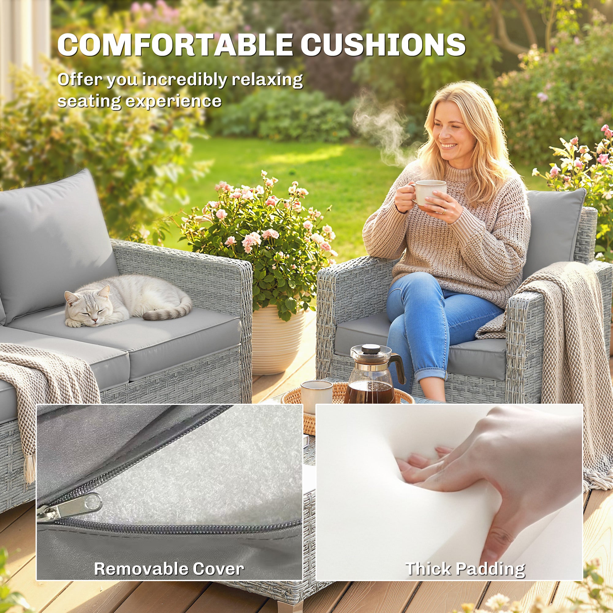 Outsunny 4 Piece Rattan Garden Furniture Set with Loveseat, 2 Armchairs, Glass-Top Table, Wicker Patio Conversation Set, Grey 