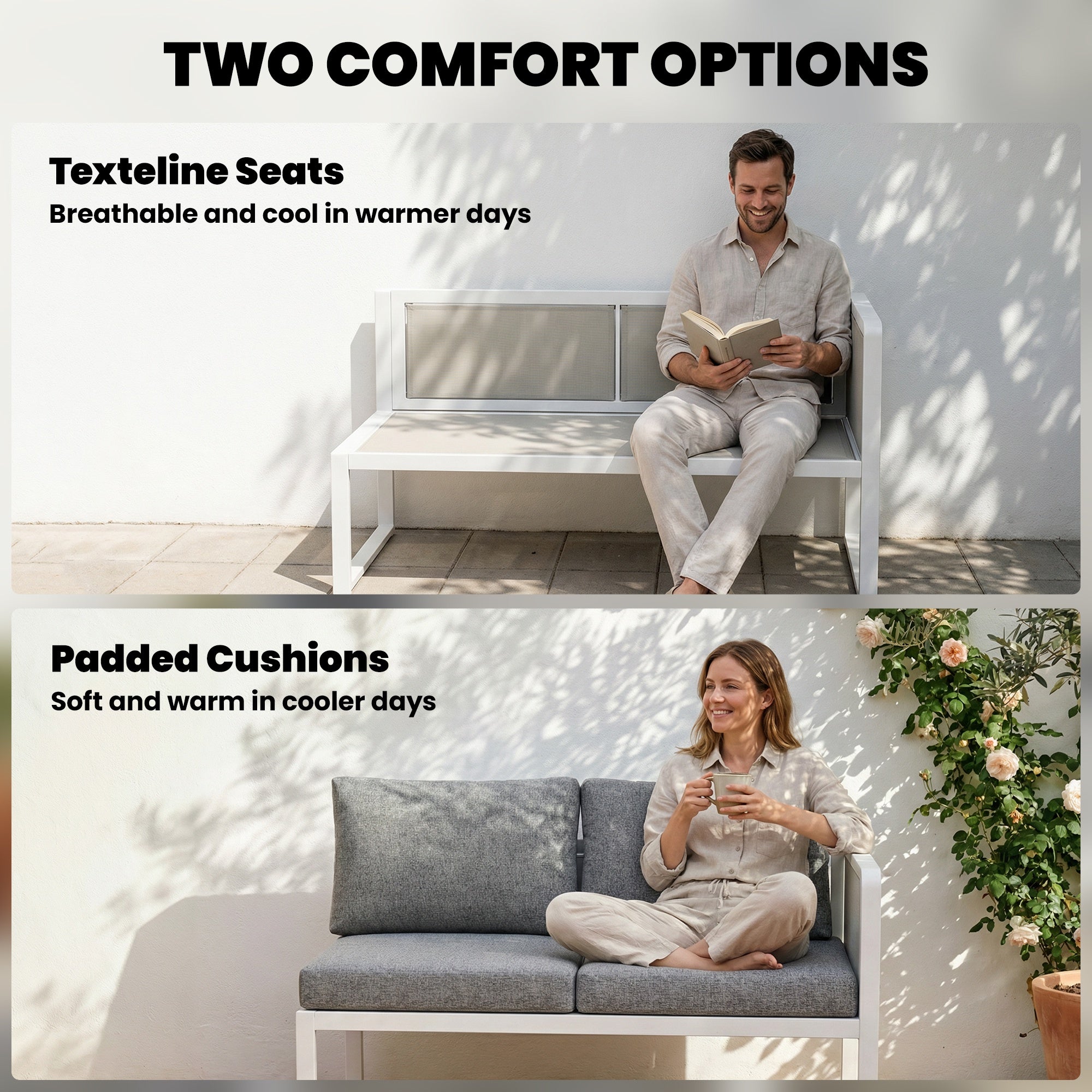 Outsunny 6 Seater Metal Garden Furniture Corner Sofa Set with 3 Loveseats, Faux Wood Table, Texteline Seat, Cushions, White 