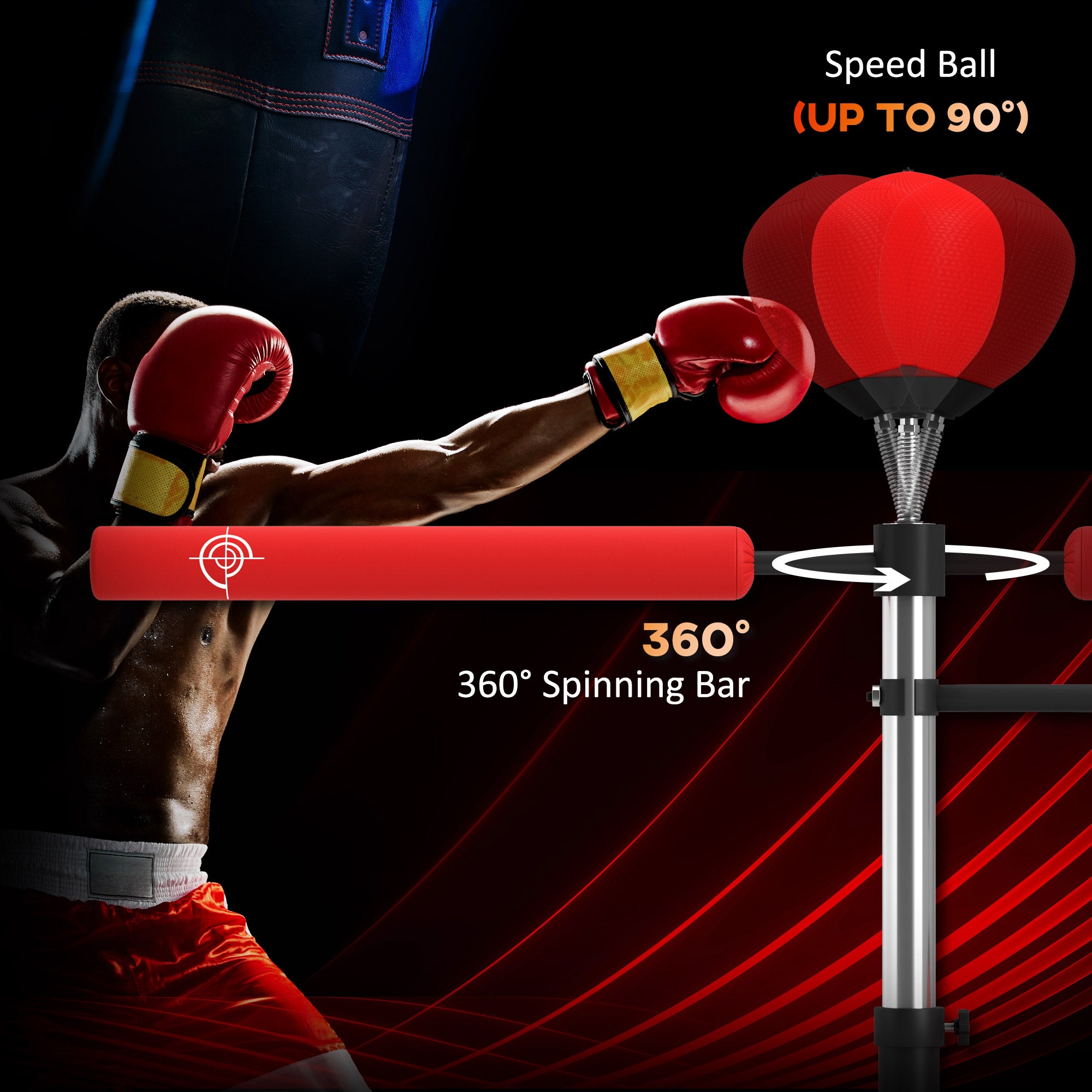 HOMCOM 3-in-1 Boxing Punching Bag, Freestanding with 2 Speed Bals, 360\'c2\'b0 Reflex Bar, 160-230cm Adjustable Height, Red