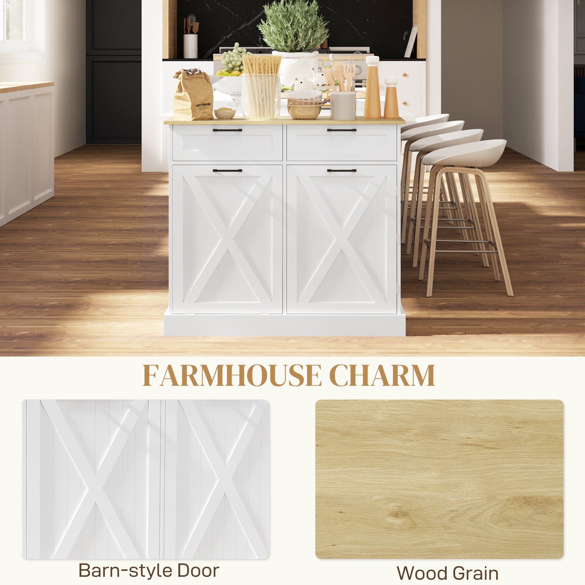 HOMCOM Sideboard with Tilt-out Trash Bin, Farmhouse Kitchen Sideboard with 2 Drawers, Adjustable Shelves, Door Racks, White 