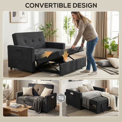 HOMCOM Loveseat Sofa Bed, Convertible Bed Settee with 2 Pillows, Side Pockets, Black 
