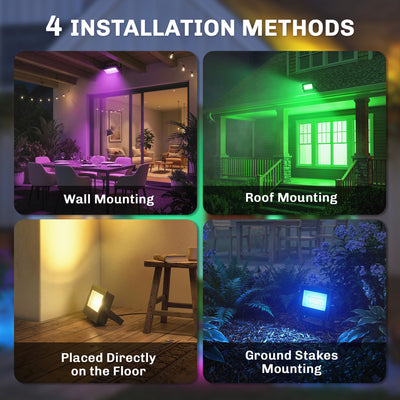 Outsunny 32W LED Floodlights, Linkable 4-Pack Landscape Lighting with Remote Control, RGB Colour Changing, UK Plug, Black 