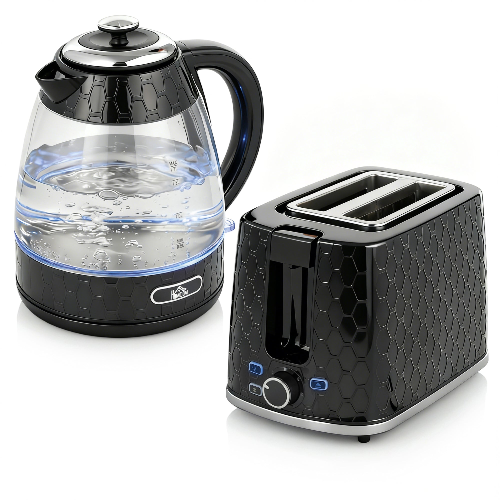 HOMCOM Kettle and Toaster Set, 1.7L 3000W Rapid Kettle with Limescale Filter, 2 Slice Toaster with 7 Browning Controls, Black 