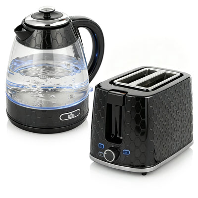 HOMCOM Kettle and Toaster Set, 1.7L 3000W Rapid Kettle with Limescale Filter, 2 Slice Toaster with 7 Browning Controls, Black 