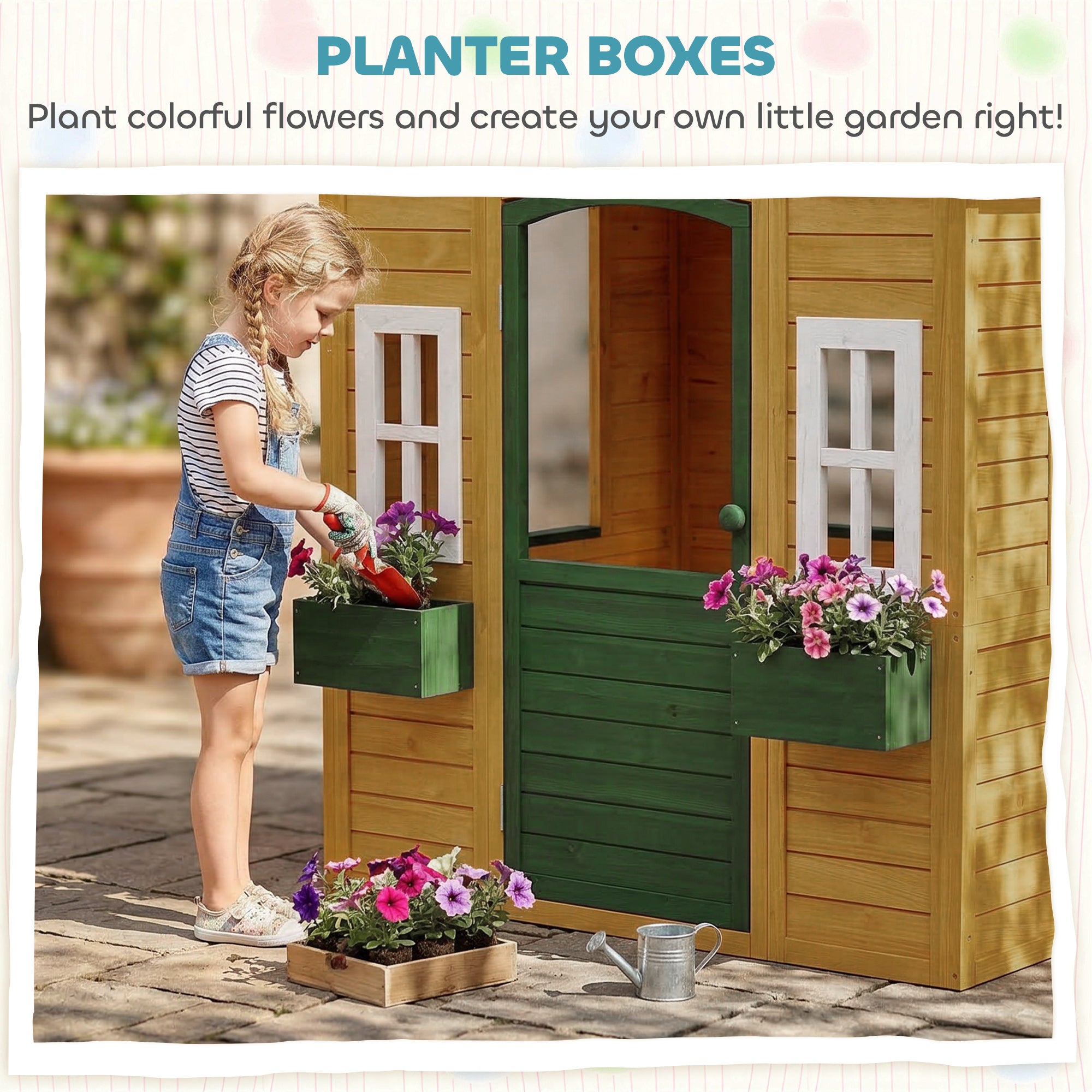 AIYAPLAY Outdoor Kids Playhouse, Wooden Wendy House with Door, 3 Windows, 2 Flower Boxes for Garden, Indoor Playroom 