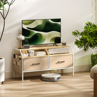 HOMCOM TV Stand Cabinet, TV Unit for 55-inch TVs with 2 Foldable Fabric Drawers, 5 Divided Side Pockets, Open Shelves, Console Table for Living Room, Bedroom, Entertainment Room, Natural Wood Finish 