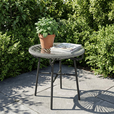 Outsunny Rattan Side Table, Round Outdoor Coffee Table, with Round PE Rattan and Tempered Glass Tabletop, Light Grey 