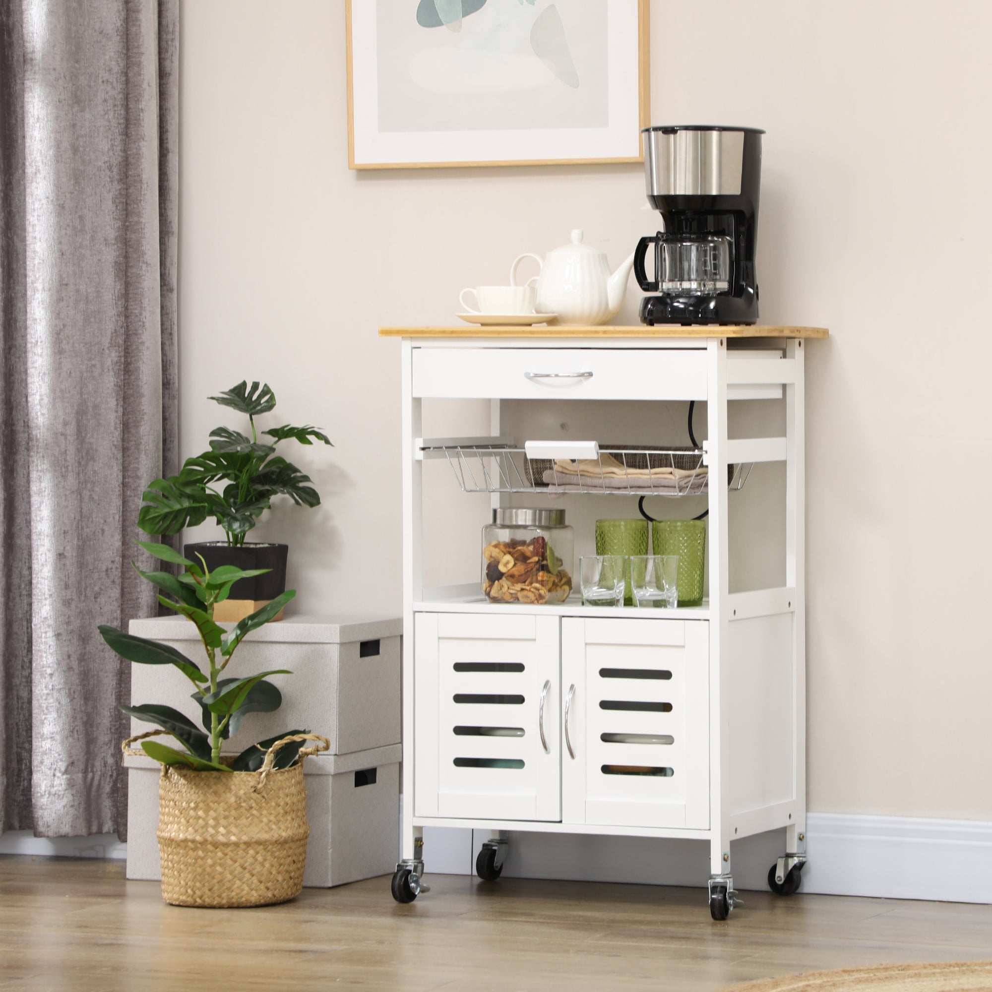 HOMCOM Rolling Kitchen Island Trolley Utility Cart on Wheels with Bamboo Table Top, Storage Cabinet, Drawer and Wire Basket 