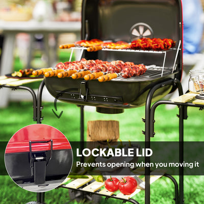 Outsunny Charcoal Barbecue Grill Portable BBQ Grill with 1840 cm² Cooking Area, 3 Shelves, Adjustable Vent, Lockable Lid, Wheels for Outdoor Cooking, Garden Party, Red 