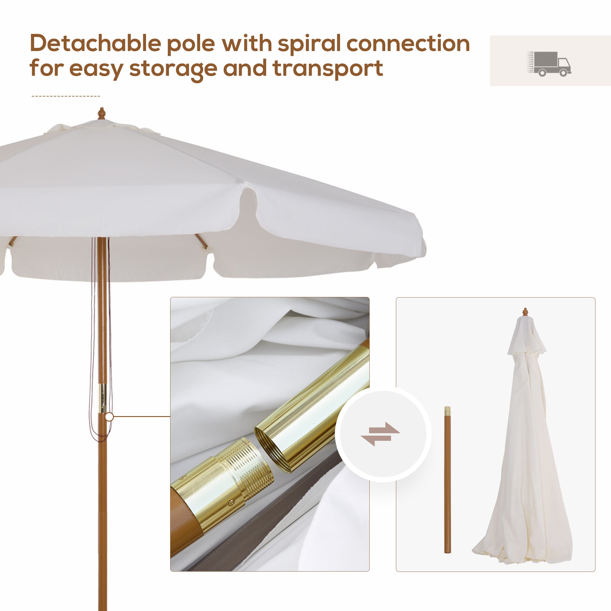 Outsunny 3.3(m) Garden Parasol Umbrella, Outdoor Sun Shade Canopy with 8 Bamboo Ribs, Ruffles and Wood Pole, Cream White