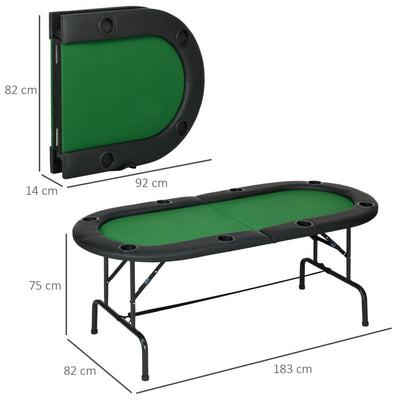 HOMCOM 8 Player Folding Poker Table, Oval Portable Blackjack Casino Table with Cup Holder, Felt Top and Metal Base, 183 x 82 x 75cm, Green and Black 