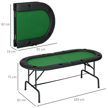 HOMCOM 8 Player Folding Poker Table, Oval Portable Blackjack Casino Table with Cup Holder, Felt Top and Metal Base, 183 x 82 x 75cm, Green and Black 