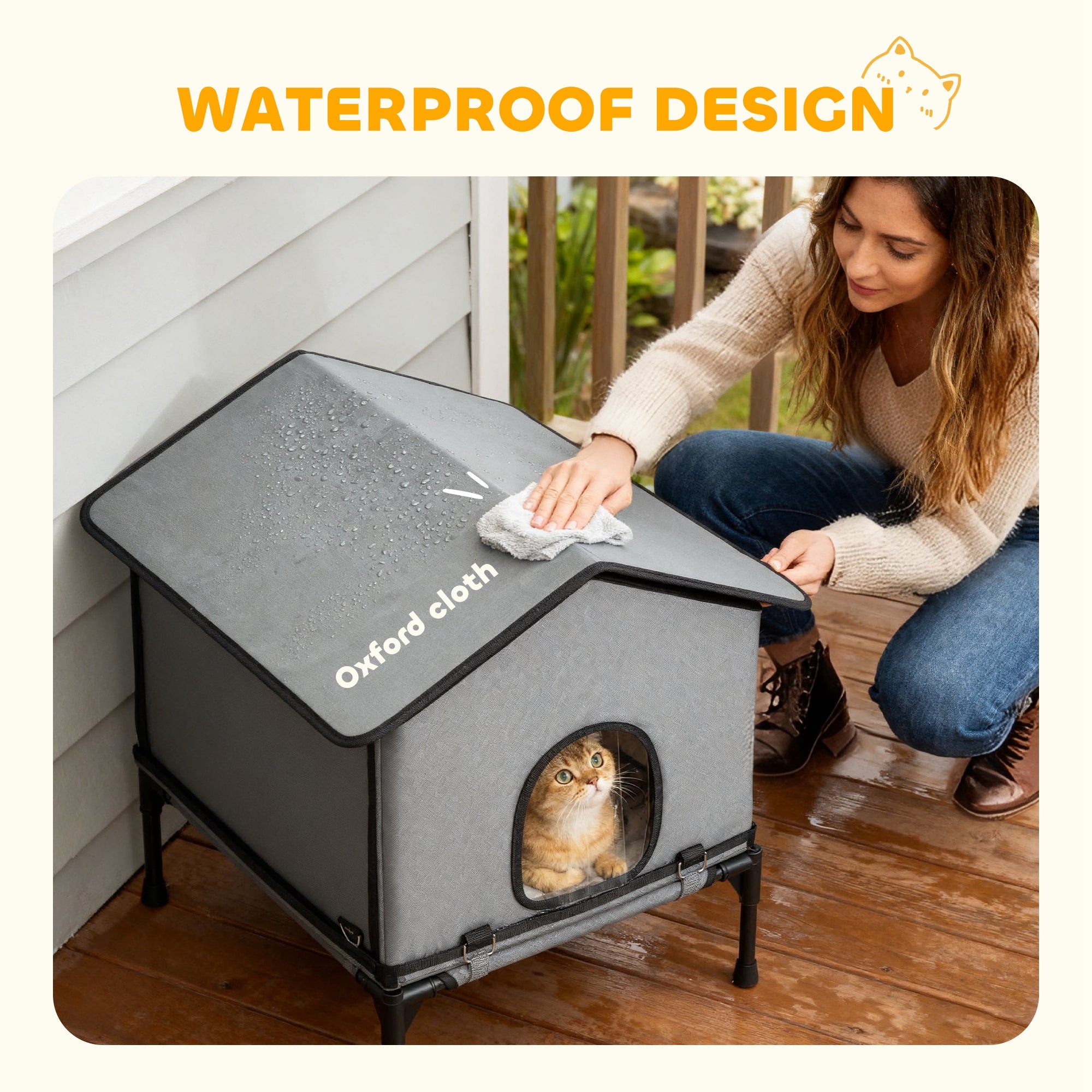 PawHut Outdoor Cat House, Waterproof Insulated Cat Kennel with Elevated Base, Foldable Feral Kitty Shelter for Kittens, Grey 