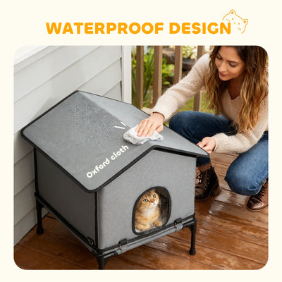 PawHut Outdoor Cat House, Waterproof Insulated Cat Kennel with Elevated Base, Foldable Feral Kitty Shelter for Kittens, Grey 