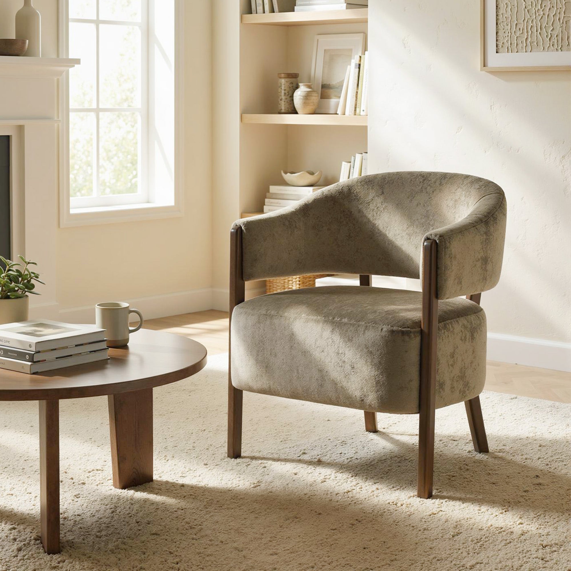 HOMCOM Accent Chair, Upholstered Tub Chair with Solid Wood Frame and Legs, Light Brown 