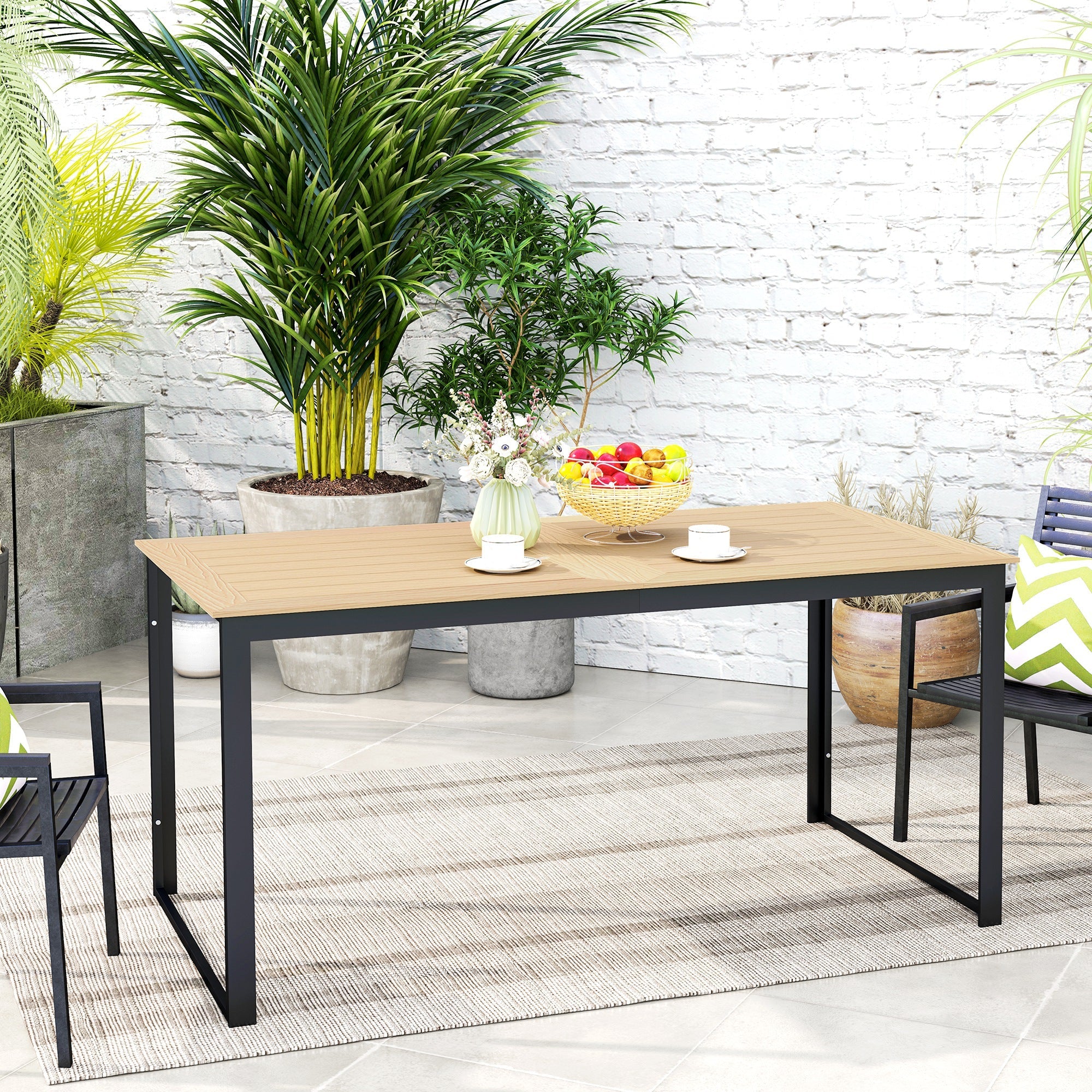 Outsunny Garden Table for 6 People, 160 x 80 x 75 cm Rectangle Outdoor Dining Table with Slatted Table Top, Metal Frame, for Balcony, Deck, Teak 