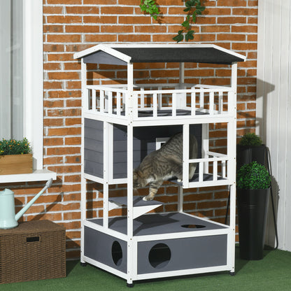 PawHut Wooden Outdoor Cat House 3-Tier for Winter Kitten Shelter Lodge w/ Tilted Roof Terrace Jump Step Bottom Tray Elevated Base Waterproof Paint Grey 