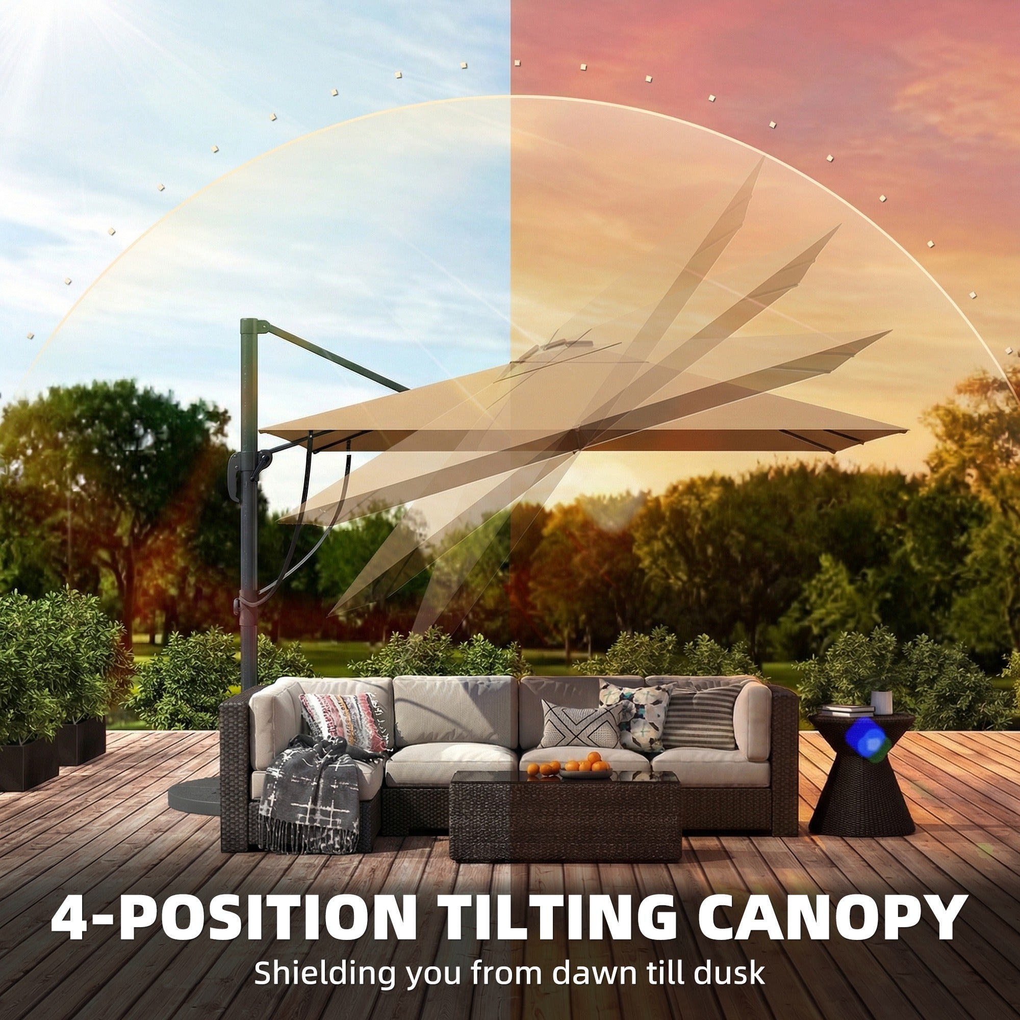 Outsunny 3 x 3 m Garden Cantilever Parasol with Light, Cover, Overhanging Umbrella w/ Wind Protection, 360° Rotation, Khaki 